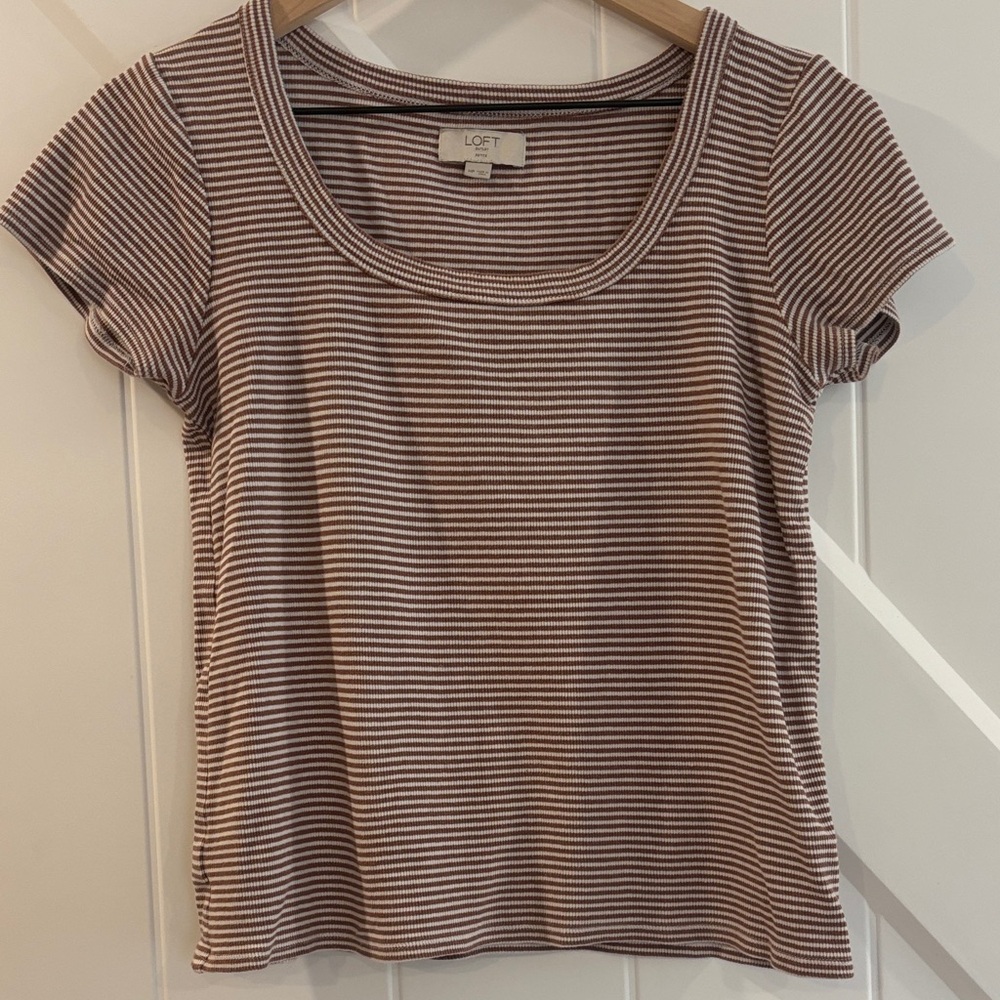 LOFT Brown and White Striped Scoop Neck Tee
